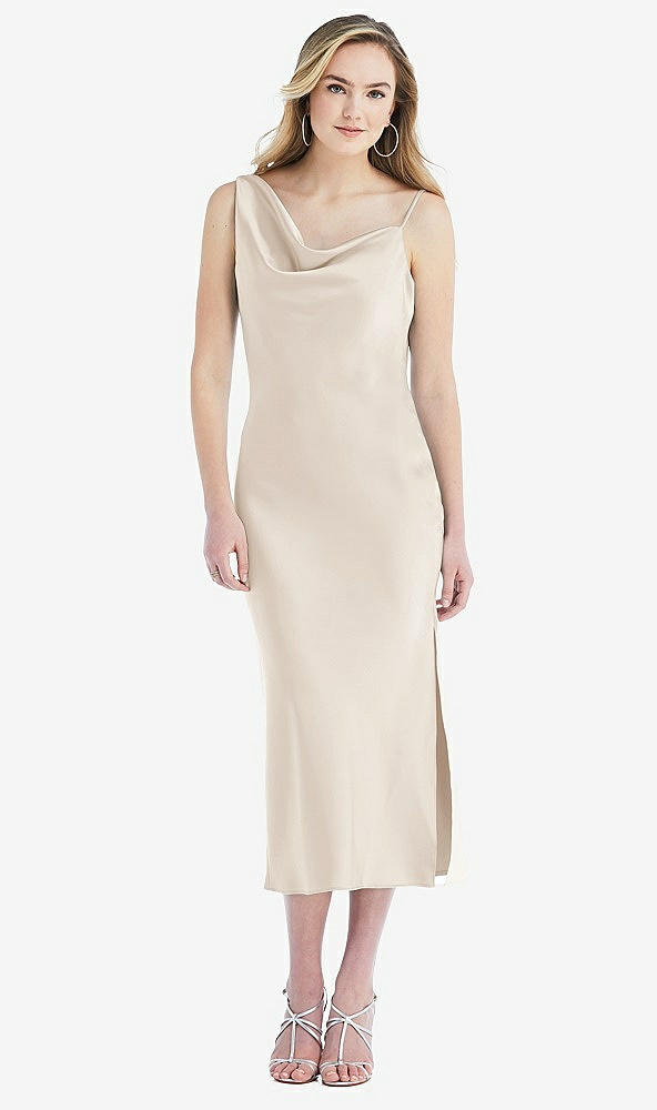 Front View - Oat Asymmetrical One-Shoulder Cowl Midi Slip Dress