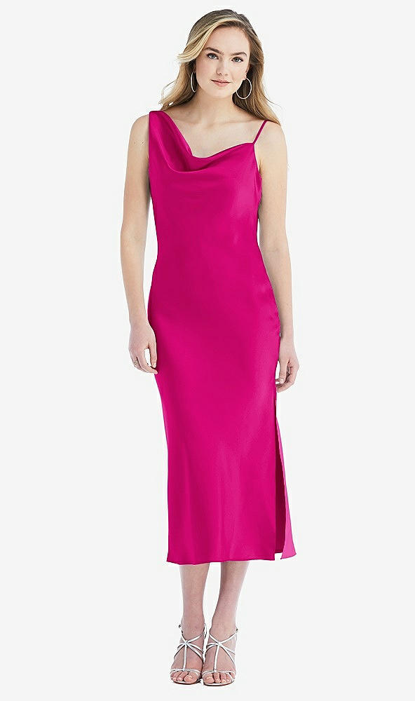 Front View - Think Pink Asymmetrical One-Shoulder Cowl Midi Slip Dress