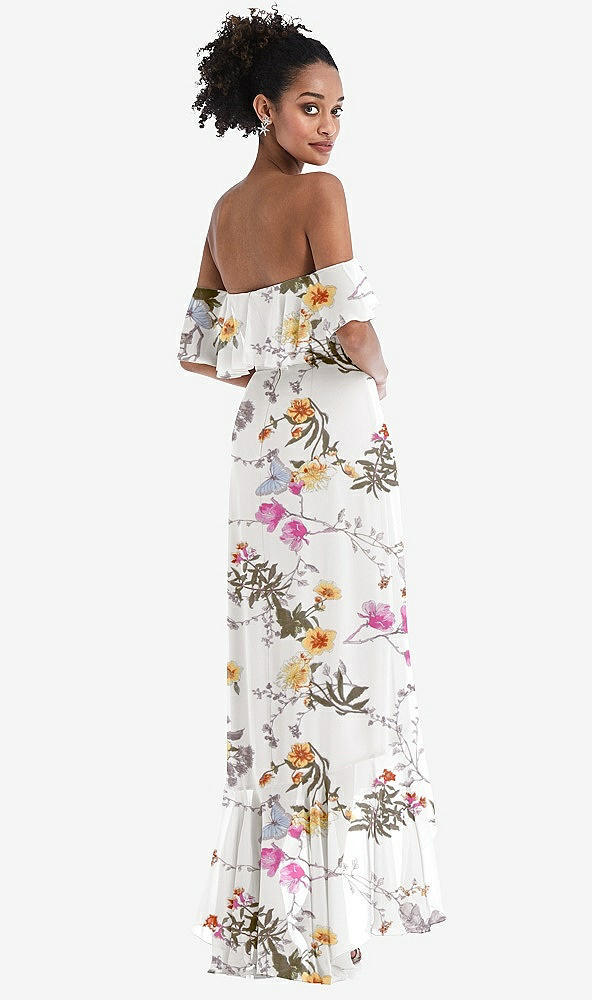 Back View - Butterfly Botanica Ivory Off-the-Shoulder Ruffled High Low Maxi Dress