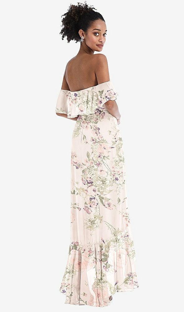 Back View - Blush Garden Off-the-Shoulder Ruffled High Low Maxi Dress