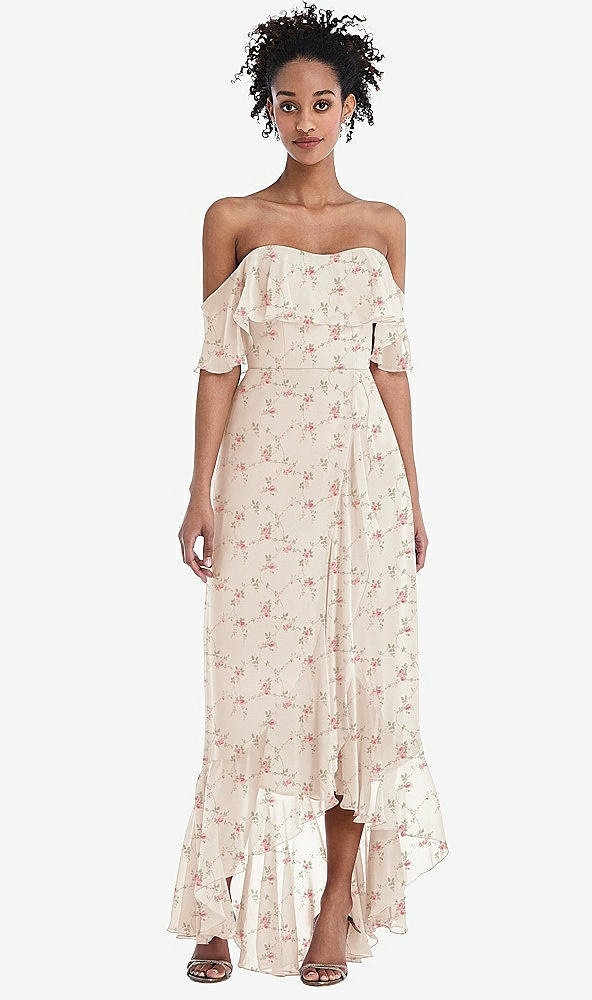 Front View - Coquette Floral Print Off-the-Shoulder Ruffled High Low Maxi Dress