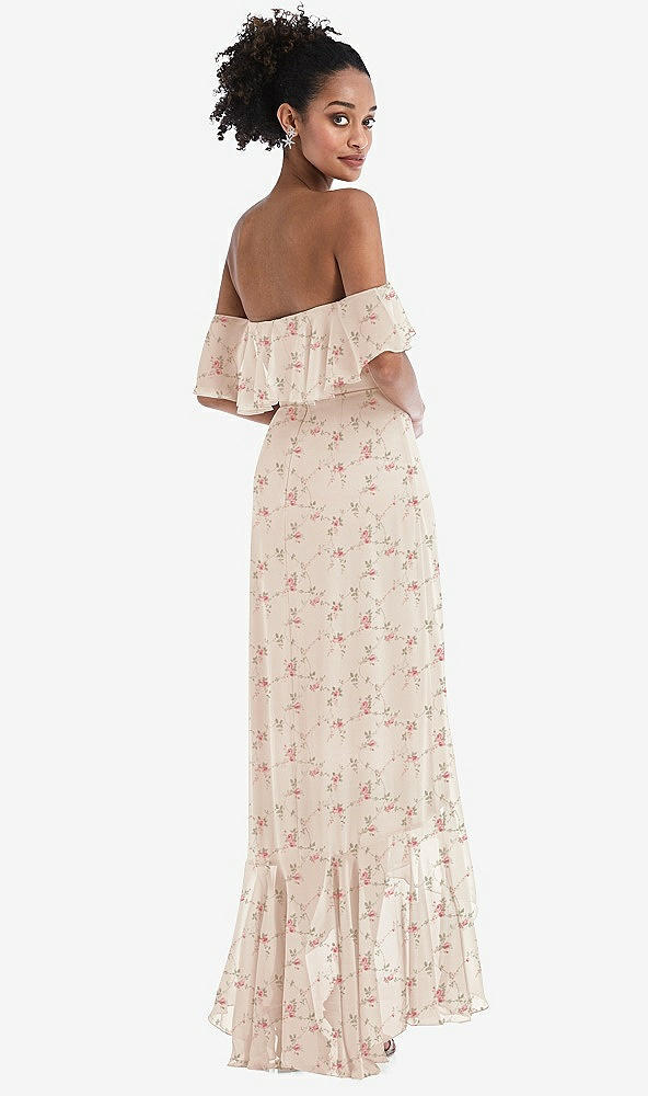 Back View - Coquette Floral Print Off-the-Shoulder Ruffled High Low Maxi Dress