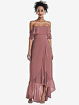 Front View Thumbnail - Rosewood Off-the-Shoulder Ruffled High Low Maxi Dress