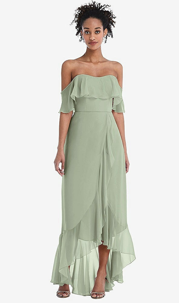 Front View - Sage Off-the-Shoulder Ruffled High Low Maxi Dress