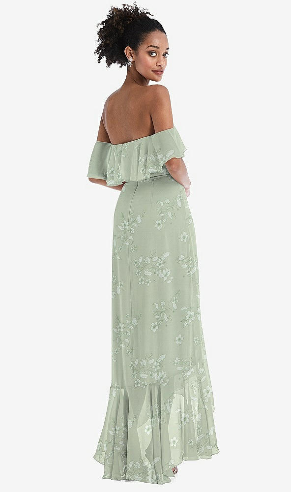 Back View - Vintage Primrose Sage Off-the-Shoulder Ruffled High Low Maxi Dress