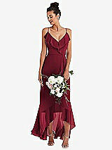 Alt View 1 Thumbnail - Burgundy Ruffle-Trimmed V-Neck High Low Wrap Dress