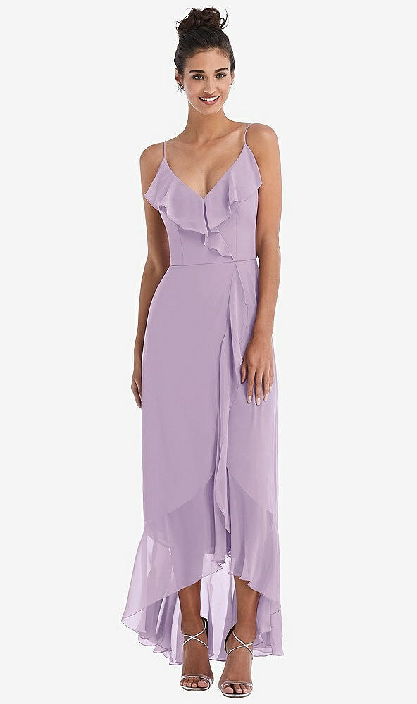 Front View - Pale Purple Ruffle-Trimmed V-Neck High Low Wrap Dress