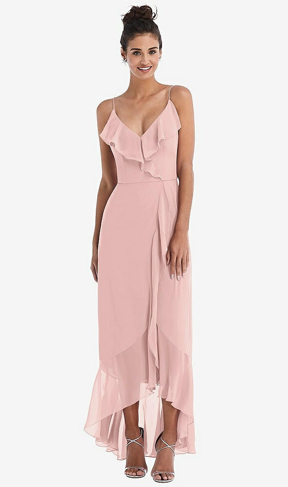 Front View - Rose - PANTONE Rose Quartz Ruffle-Trimmed V-Neck High Low Wrap Dress