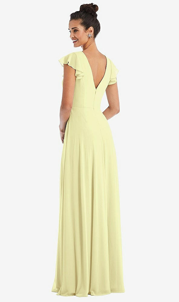 Back View - Butter Yellow Flutter Sleeve V-Keyhole Chiffon Maxi Dress