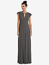 Front View Thumbnail - Caviar Gray Flutter Sleeve V-Keyhole Chiffon Maxi Dress