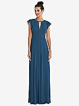 Front View Thumbnail - Dusk Blue Flutter Sleeve V-Keyhole Chiffon Maxi Dress