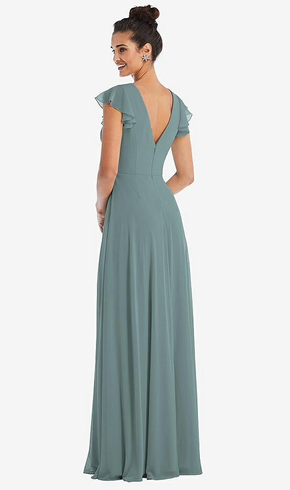 Back View - Icelandic Flutter Sleeve V-Keyhole Chiffon Maxi Dress