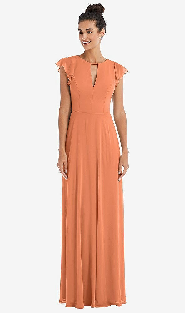 Front View - Sweet Melon Flutter Sleeve V-Keyhole Chiffon Maxi Dress