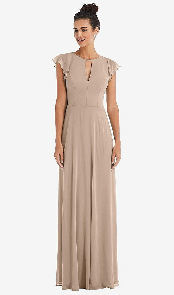 Front View - Topaz Flutter Sleeve V-Keyhole Chiffon Maxi Dress