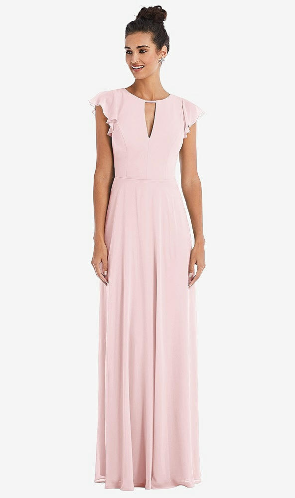 Front View - Ballet Pink Flutter Sleeve V-Keyhole Chiffon Maxi Dress