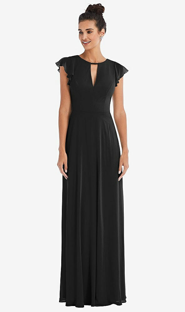 Front View - Black Flutter Sleeve V-Keyhole Chiffon Maxi Dress