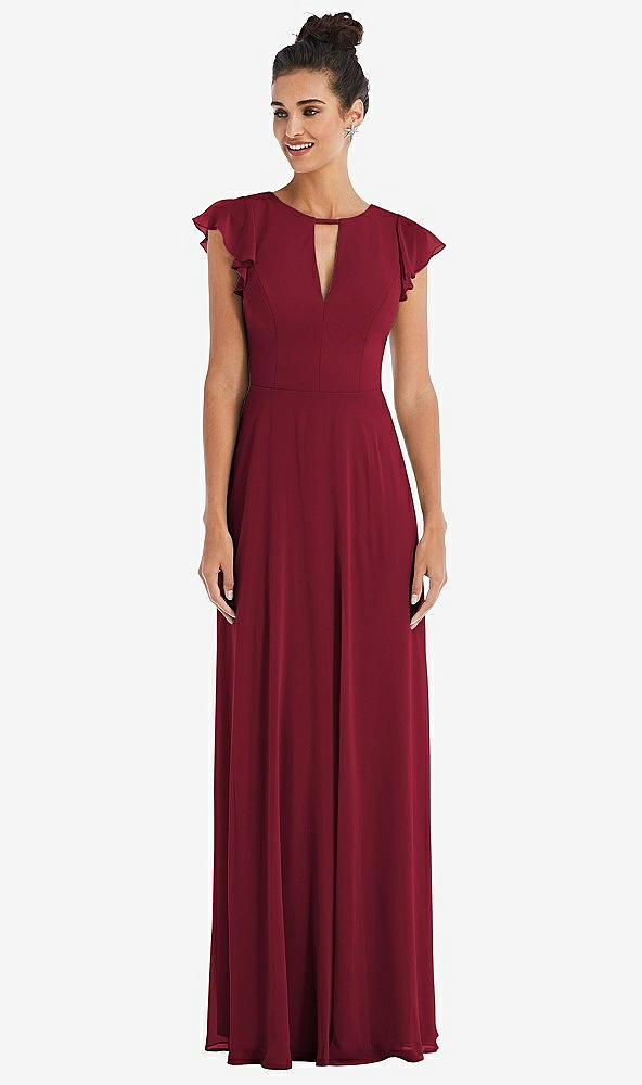 Front View - Burgundy Flutter Sleeve V-Keyhole Chiffon Maxi Dress