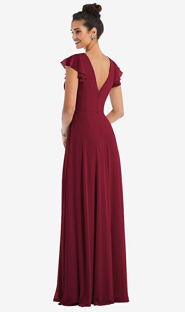 Back View - Burgundy Flutter Sleeve V-Keyhole Chiffon Maxi Dress