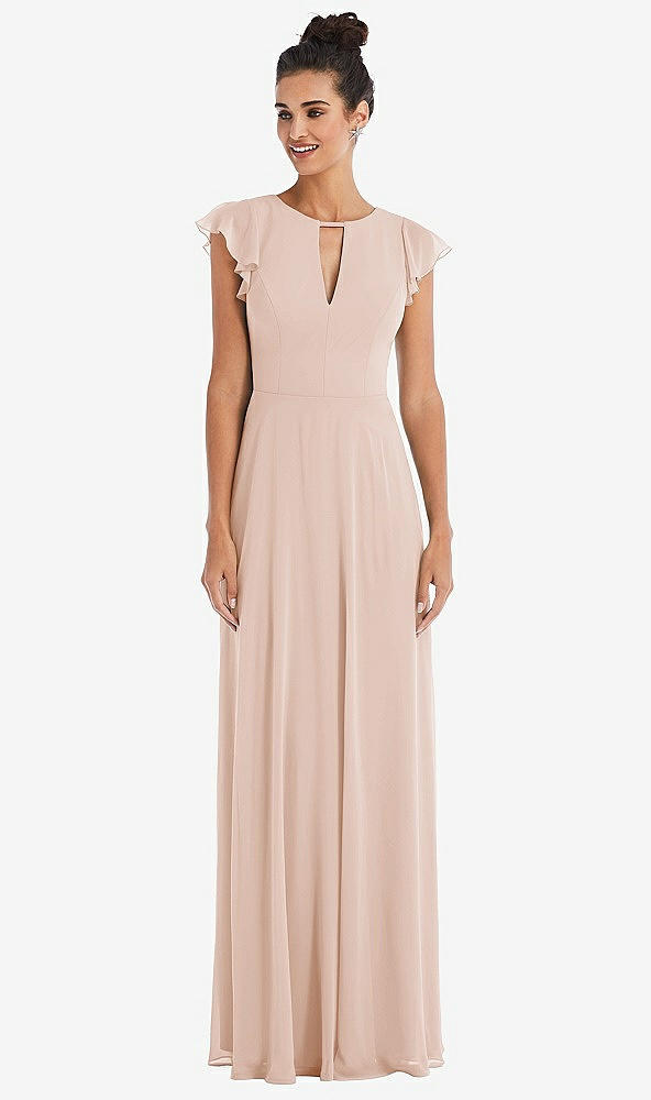 Front View - Cameo Flutter Sleeve V-Keyhole Chiffon Maxi Dress