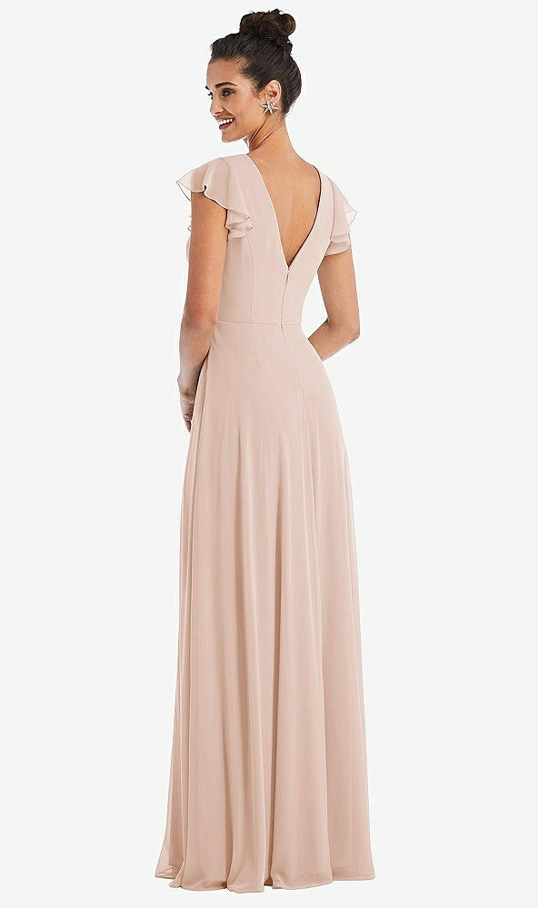 Back View - Cameo Flutter Sleeve V-Keyhole Chiffon Maxi Dress