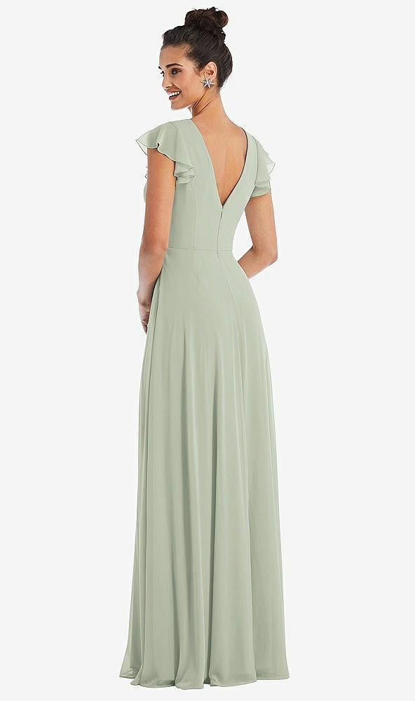 Back View - Celadon Flutter Sleeve V-Keyhole Chiffon Maxi Dress