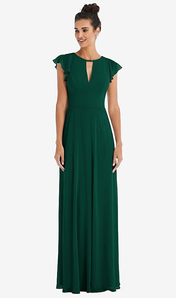 Front View - Hunter Green Flutter Sleeve V-Keyhole Chiffon Maxi Dress