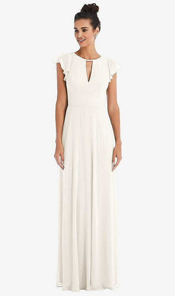 Front View - Ivory Flutter Sleeve V-Keyhole Chiffon Maxi Dress