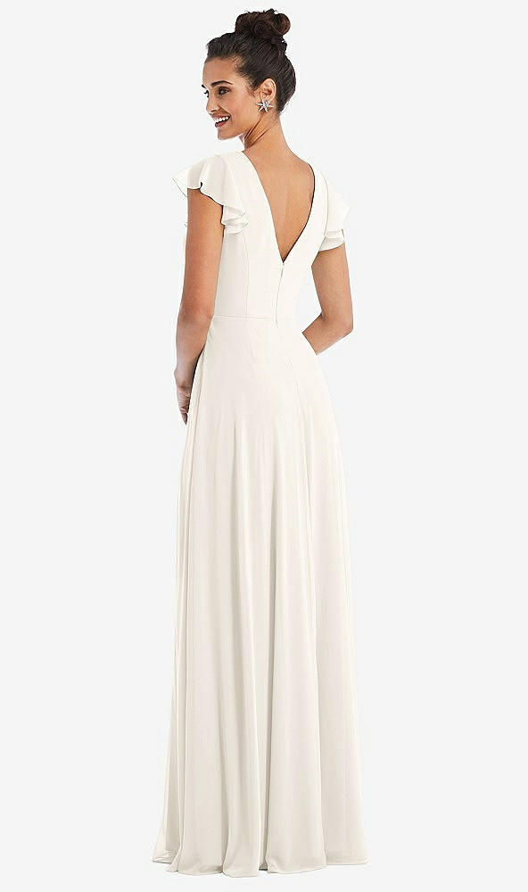 Back View - Ivory Flutter Sleeve V-Keyhole Chiffon Maxi Dress