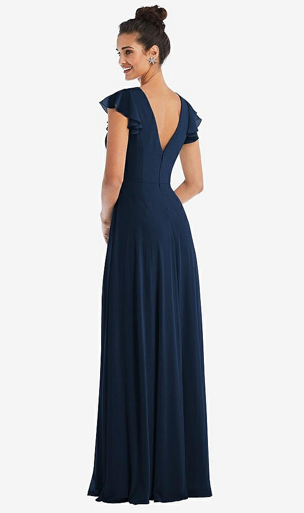 Back View - Midnight Navy Flutter Sleeve V-Keyhole Chiffon Maxi Dress