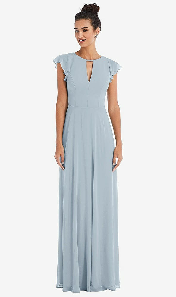 Front View - Mist Flutter Sleeve V-Keyhole Chiffon Maxi Dress