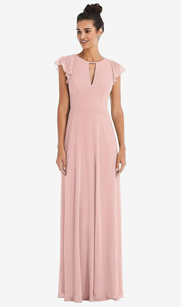 Front View - Rose - PANTONE Rose Quartz Flutter Sleeve V-Keyhole Chiffon Maxi Dress