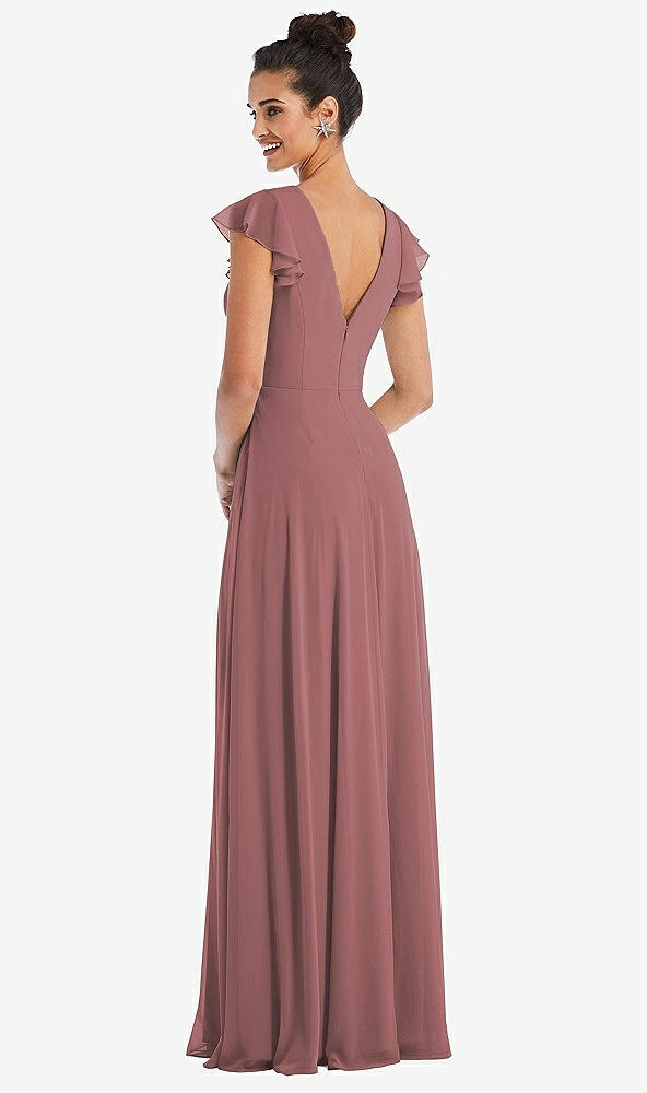 Back View - Rosewood Flutter Sleeve V-Keyhole Chiffon Maxi Dress