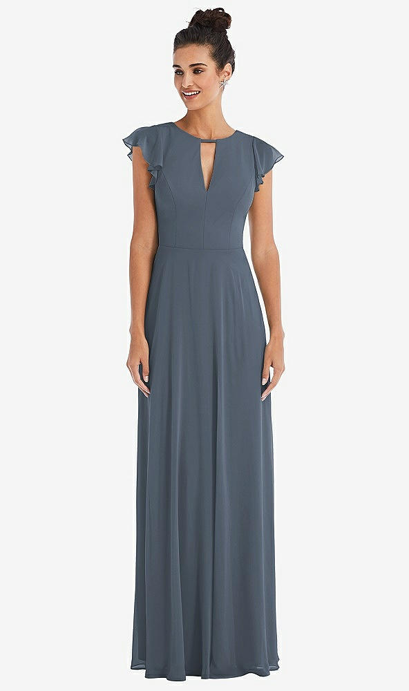 Front View - Silverstone Flutter Sleeve V-Keyhole Chiffon Maxi Dress