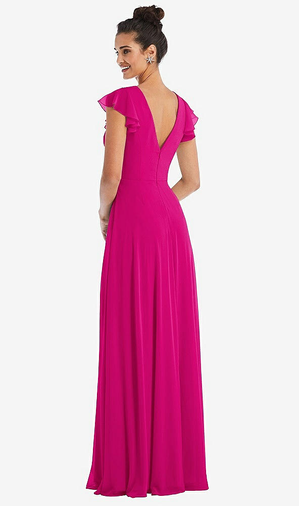 Back View - Think Pink Flutter Sleeve V-Keyhole Chiffon Maxi Dress