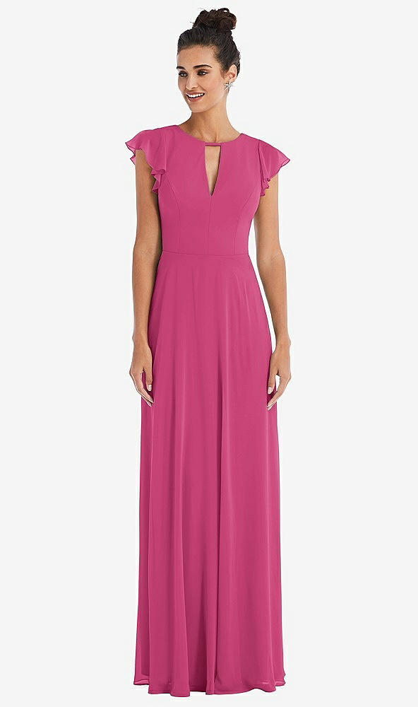 Front View - Tea Rose Flutter Sleeve V-Keyhole Chiffon Maxi Dress