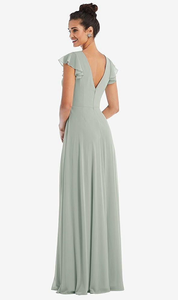 Back View - Willow Green Flutter Sleeve V-Keyhole Chiffon Maxi Dress