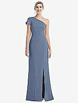 Front View Thumbnail - Larkspur Blue One-Shoulder Cap Sleeve Trumpet Gown with Front Slit