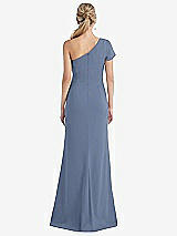 Rear View Thumbnail - Larkspur Blue One-Shoulder Cap Sleeve Trumpet Gown with Front Slit