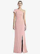 Front View Thumbnail - Rose - PANTONE Rose Quartz One-Shoulder Cap Sleeve Trumpet Gown with Front Slit