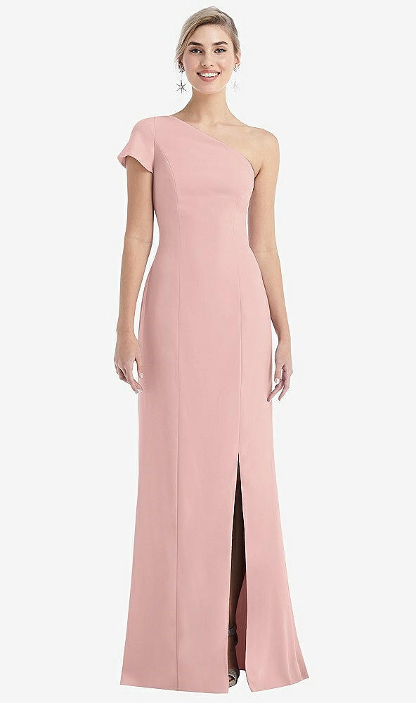 Front View - Rose - PANTONE Rose Quartz One-Shoulder Cap Sleeve Trumpet Gown with Front Slit