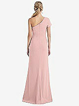 Rear View Thumbnail - Rose - PANTONE Rose Quartz One-Shoulder Cap Sleeve Trumpet Gown with Front Slit