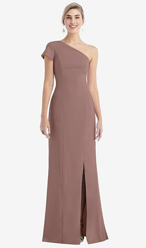 Front View - Sienna One-Shoulder Cap Sleeve Trumpet Gown with Front Slit