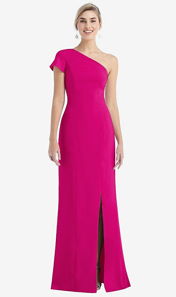 Front View - Think Pink One-Shoulder Cap Sleeve Trumpet Gown with Front Slit