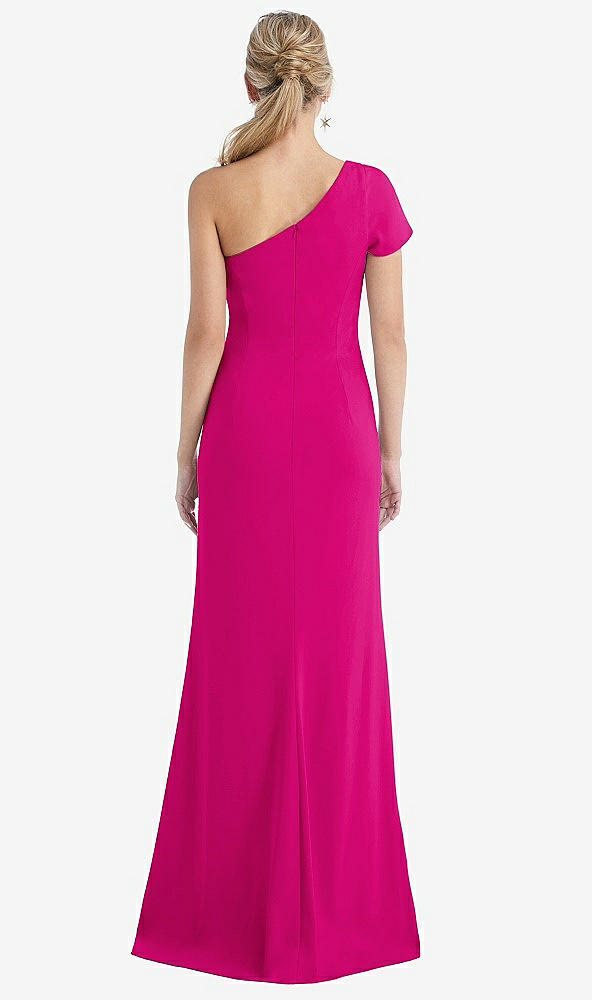 Back View - Think Pink One-Shoulder Cap Sleeve Trumpet Gown with Front Slit