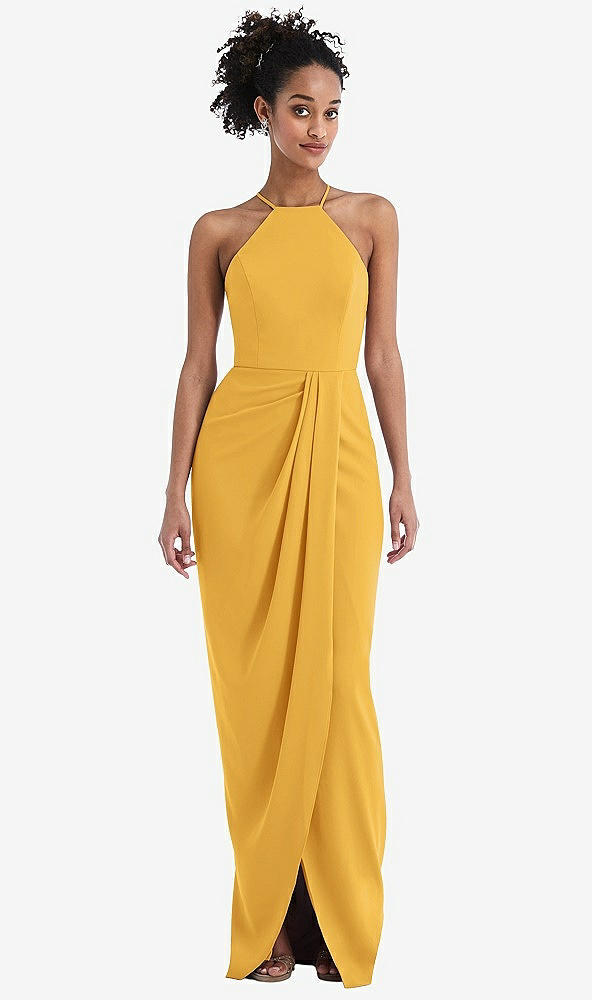 Front View - NYC Yellow Halter Draped Tulip Skirt Maxi Dress