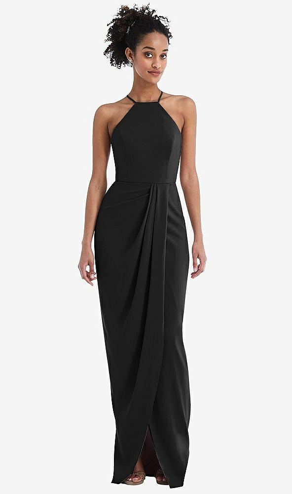 Front View - Black Halter Draped Tulip Skirt Maxi Dress