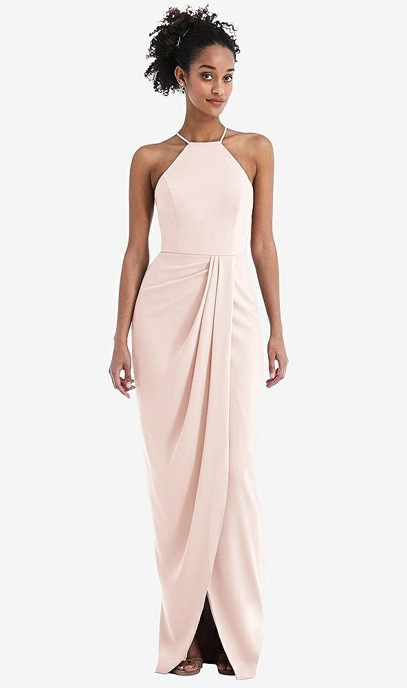 Front View - Blush Halter Draped Tulip Skirt Maxi Dress