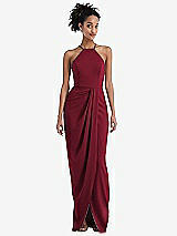 Front View Thumbnail - Burgundy Halter Draped Tulip Skirt Maxi Dress