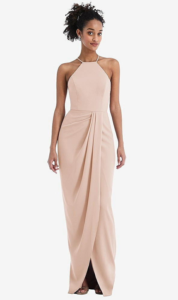 Front View - Cameo Halter Draped Tulip Skirt Maxi Dress