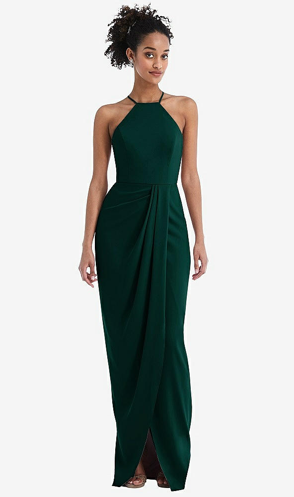 Front View - Evergreen Halter Draped Tulip Skirt Maxi Dress